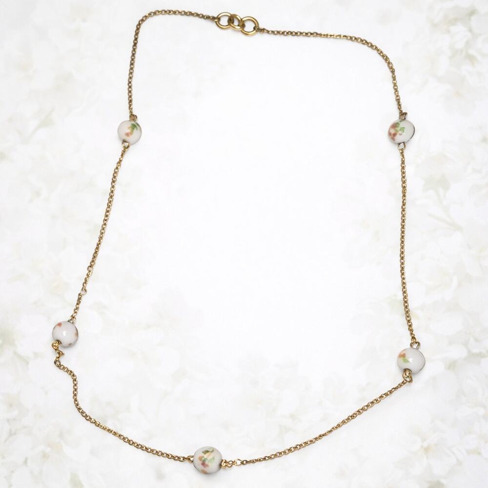 Vintage Dainty Gold Tone Choker Chain with Hand Painted Floral Beads 14 Inches